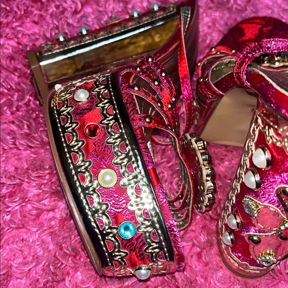 Nordstrom AZALEA WANG - Red Jeweled Platform Sandals w/ Crystal Accents, (SZ.7) - Picture 9 of 12